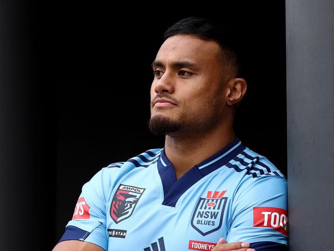 SYDNEY, AUSTRALIA - MAY 19: 15. Spencer Leniu poses during a NSW Blues State of Origin Squad Media Opportunity at NSWRL Centre of Excellence on May 19, 2025 in Sydney, Australia. (Photo by Jason McCawley/Getty Images)