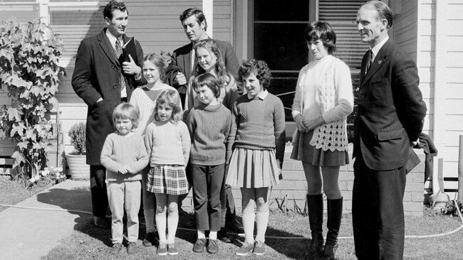 Lindsay Thompson, then Education Minister, right, with teacher Mary Gibbs and the six students after their escape from the Faraday Kidnapping.