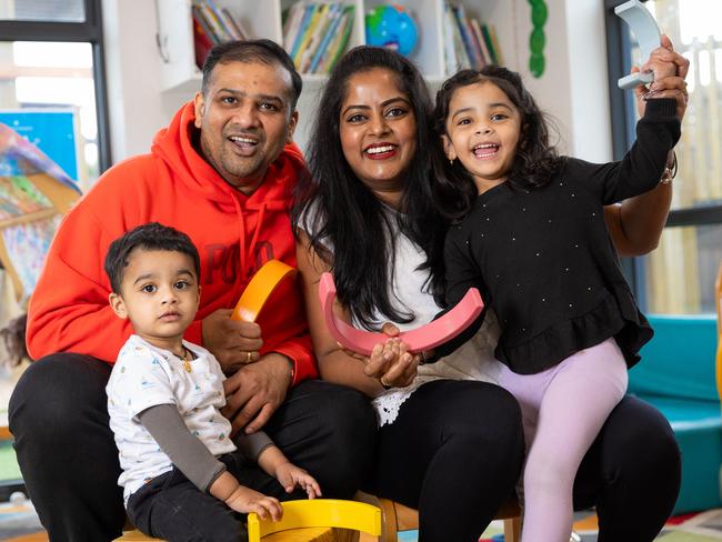 Tarneit childcare centre for a weekend story on child care wait lists. Parents Jyotsna and Karthik with their children loukya 3 and Vedaansh 18 months at Milestones Early Learning Tarneit. Picture: Jason Edwards