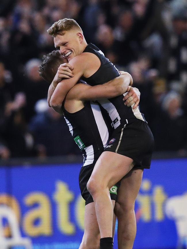 Adam Treloar celebrates Collingwood’s semi-final win over GWS. Picture: Phil Hillyard