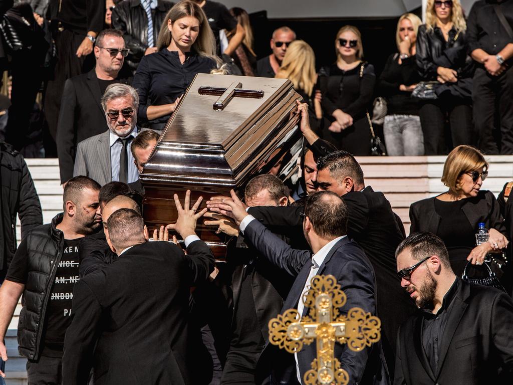 A closer view of John Macris’ casket at St Nektarios Church in Voula, Athens. Picture: Angelos Christofilopoulos/News Corp