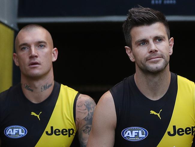 AFL Round 3.   02/04/2021.  Richmond vs Sydney Swans at the MCG, Melbourne.  Richmonds Trent Cotchin  leads the tigers onto the MCG   . Pic: Michael Klein