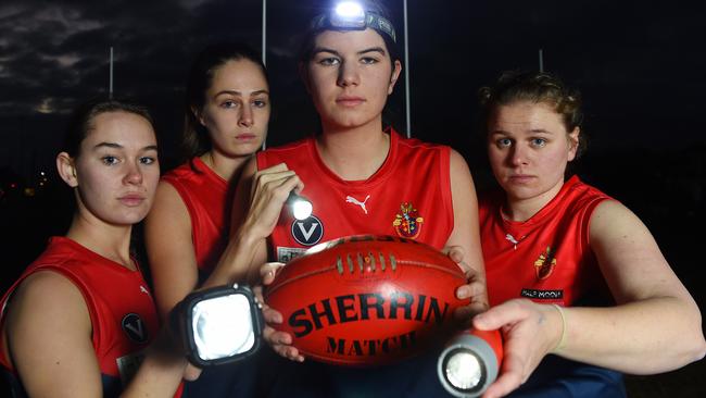 Old Brighton players Layne Davies, Morgan McGregor, Siena Visentini and Sophie Ambrose. Picture: Josie Hayden