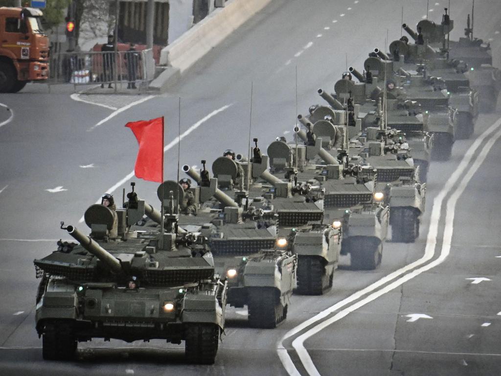 Russian T-90M tanks drive through central Moscow during a rehearsal for the Victory Day parade, on May 3, 2025. Picture: Alexander Nemenov/AFP