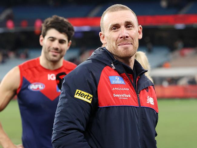 MELBOURNE, JULY 14, 2023: 2023 TOYOTA AFL PREMIERSHIP - Round 18. Melbourne Demons v Brisbane Lions at the MCG. Simon Goodwin coach of the Demons after the win. Picture: Mark Stewart