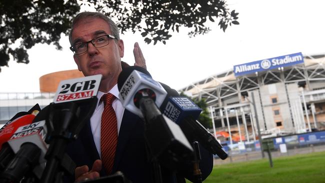 NSW Opposition Leader Michael Daley speaks to the media outside Allianz Stadium in Moore Park today.