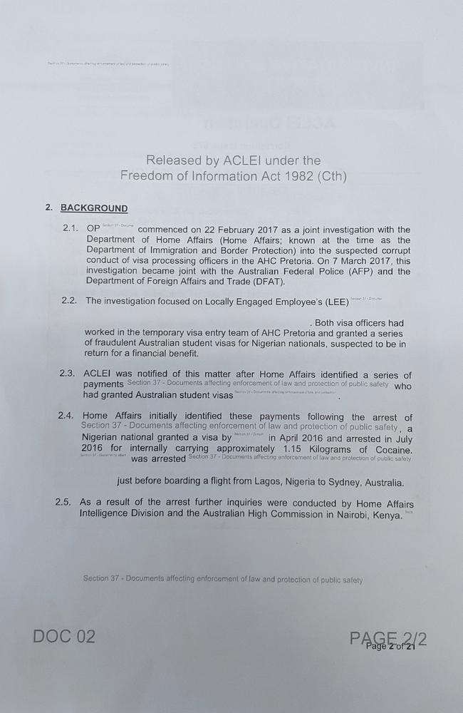 Documents released under Freedom of Information from the law enforcement watchdog the Australian Commission for law Enforcement Integrity (ACLEI) revealed the student visas were being used by drug smugglers. Picture: Supplied