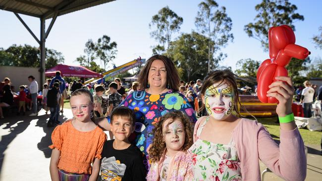 At Sadie's Day Out are Cambooya State School teacher Marion Brown with students (from left) Elanor, Kayden, Alessandra and Lara. The event, a special celebration of the life of five-year-old crash victim Sadie, Saturday, June 7, 2025. Picture: Kevin Farmer