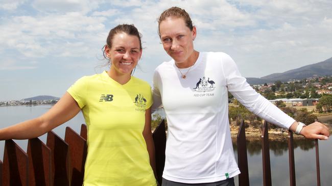 L-R Casey Dellacqua and Sam Stosur will play the two singles rubbers on day one. Fed Cup draw at MONA for the tie between Australia and Russia in Hobart.