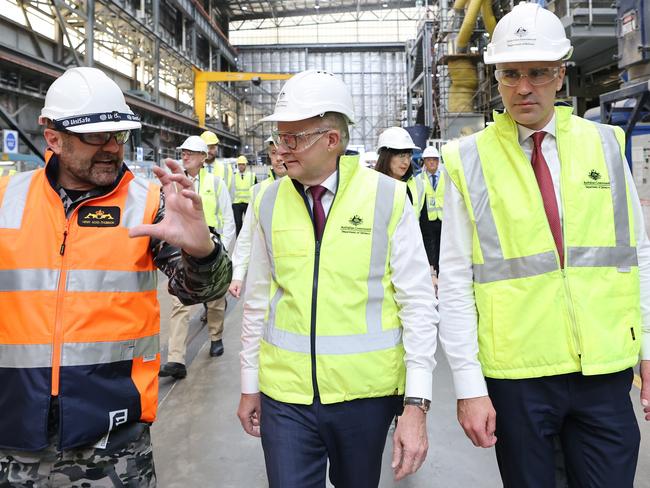 ADELAIDE, AUSTRALIA - NewsWire Photos April 3 2023: Australian Prime Minister Anthony Albanese and South Australian Premier Peter Malinauskas on a tour of the Osborne Naval Shipyard in Adelaide. NCA NewsWire / David Mariuz