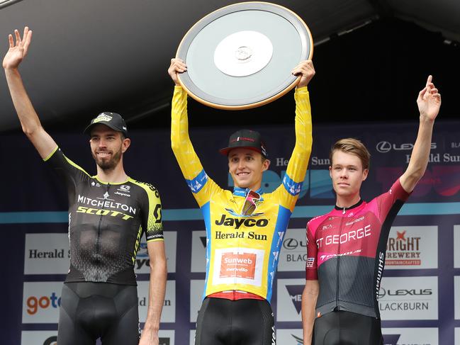 Jai Hindley (middle) won the most recent Herald Sun Tour in 2020. Picture: Michael Klein