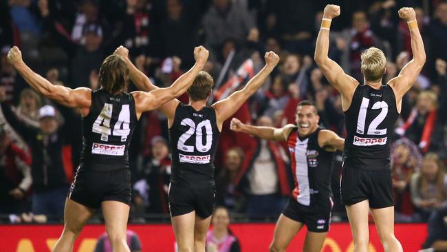St Kilda celebrates its upset win over Geelong in Round 14. Photo by Scott Barbour.