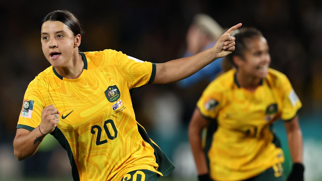 Sam Kerr of Australia celebrates after scoring her team's first goal during the FIFA Women's World Cup Australia &amp; New Zealand 2023 Semi Final match between Australia and England at Stadium Australia on August 16, 2023 in Sydney, Australia. (Photo by Brendon Thorne/Getty Images)