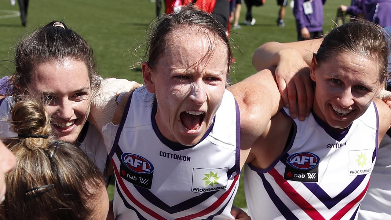 Kara Antonio’s Dockers pulled off a brilliant win over Carlton. Picture: Dylan Burns