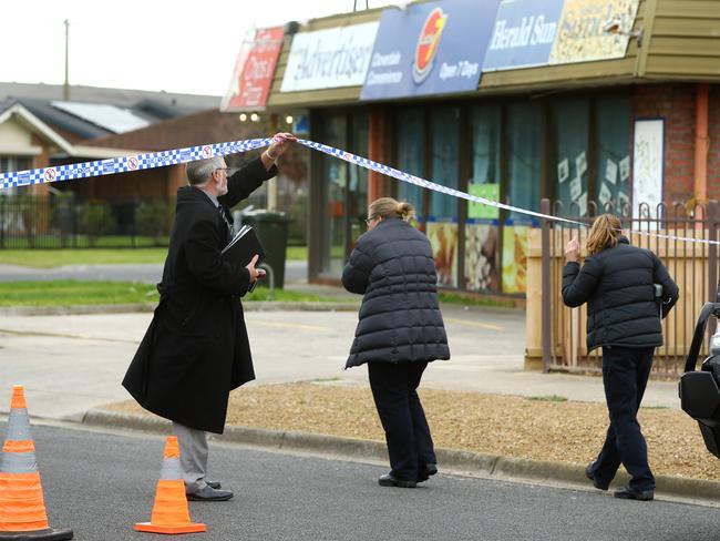 Police on scene at Corangamite Drive, Corio, where a man was critically injured at a takeaway store. Picture: Alison Wynd