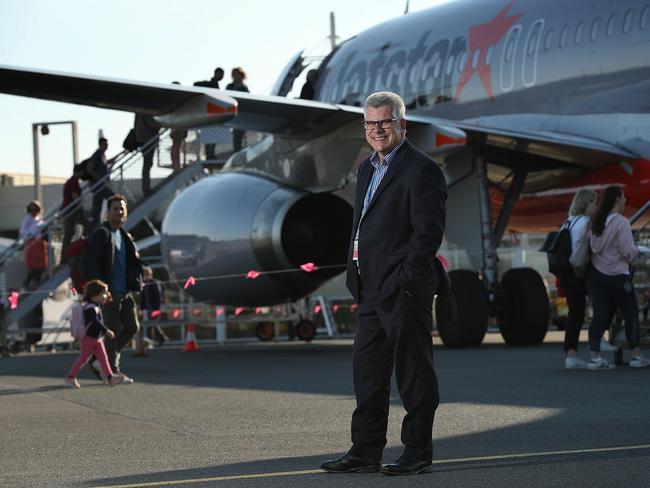 15/8/2018: Chief Executive Officer of the Sunshine Coast Airport Peter Pallott, airside at the airport with a Jet Star aircraft behind. Pallott has called for the cost of providing Border Force services to be reduced to allow more regional airports to operate international flights, as he prepares to draw the curtains on a 40-year career in aviation. Lyndon Mechielsen/The Australian