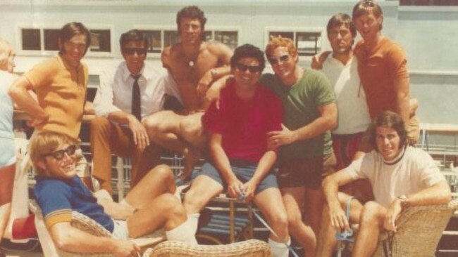 Malcolm Blight, bottom left, on the Woodville Football Club 1972 footy trip, with from left, Bob Reid, Bob Simunsen, Kevin Kelly, Boll Sanders, Eddie Holland, Ray Buckley, Greg Cox and Mark Peters.