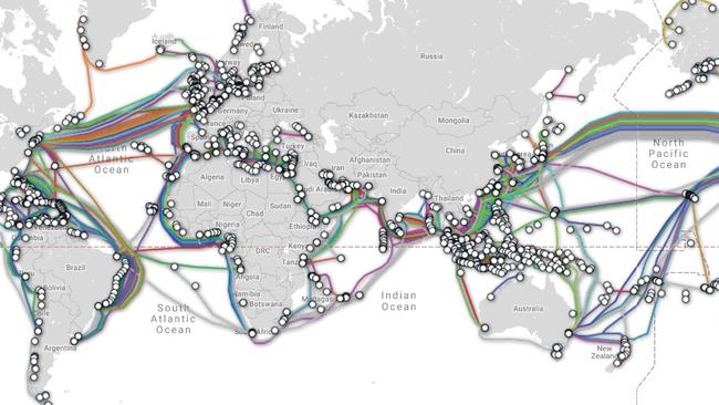 Undersea internet cables circulate the entire globe. Picture: TeleGeography