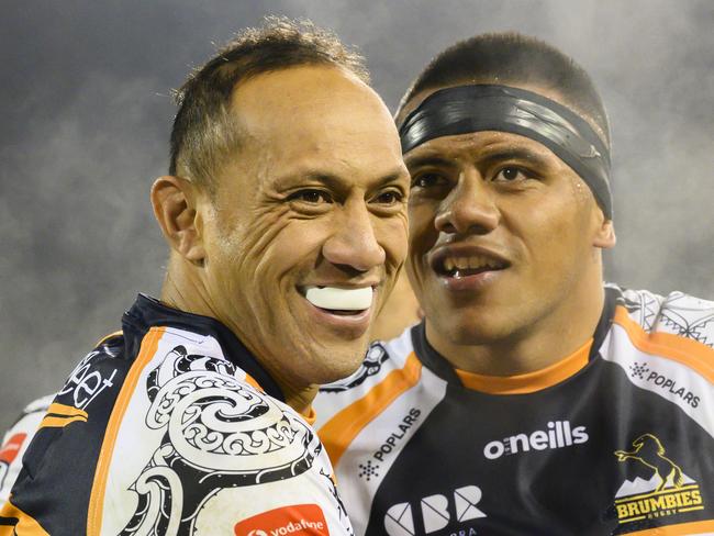 Brumbies Allan Alaalatoa and Christian Lealiifano during the Round 18 Super Rugby match between the ACT Brumbies and the Queensland Reds at GIO Stadium in Canberra, Saturday, June 15, 2019. (AAP Image/Rohan Thomson) NO ARCHIVING, EDITORIAL USE ONLY