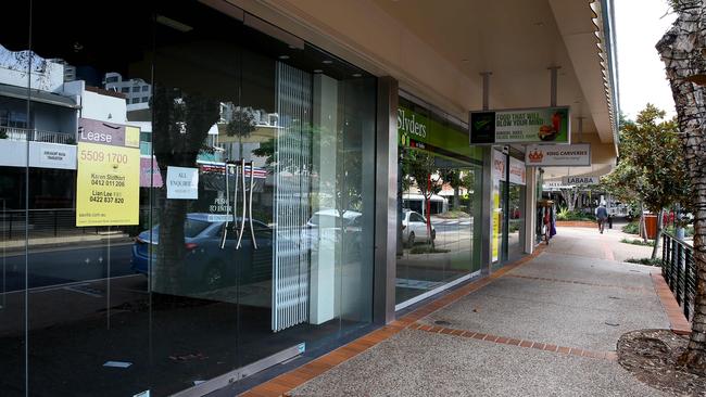 Shops for lease in the once-bustling Main Beach precinct around Tedder Avenue. Photo: David Clark