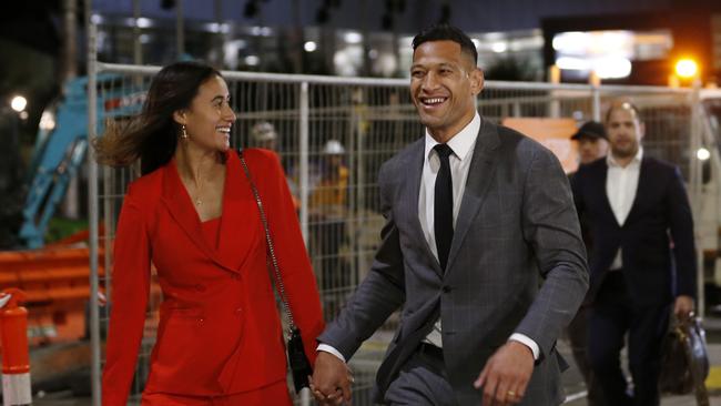 A smiling Israel Folau with his wife Maria in Melbourne. Picture: Getty Images