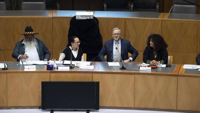 Senator Pat Dobson, Linda Burney, Anthony Albanese and Senator Malarndirri McCarthy attend an early meeting of the Referendum Working Group and the Referendum Engagement Group in Parliament House in Canberra. Picture: NCA NewsWire / Gary Ramage