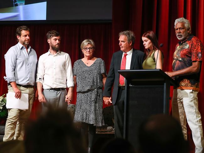 MC Ernie Dingo on stage with James’ parents David and Judi Rose, James’ friend Peter Lewis (far left), his brother Dale and James’ partner Emma Belton. Picture: Ian Currie