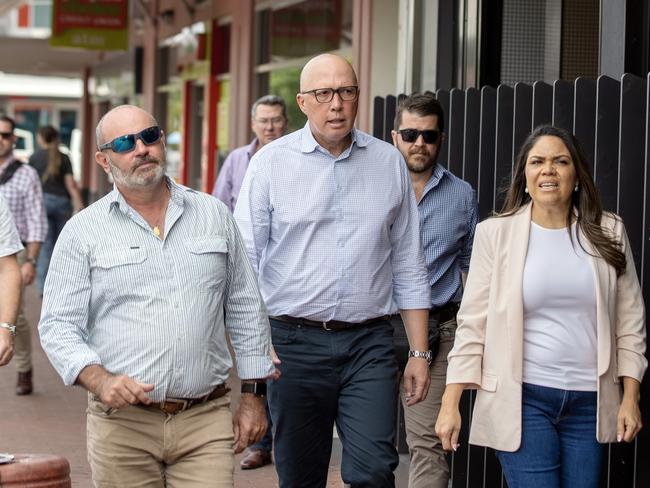 12-04-2023 -  Opposition Leader Peter Dutton walks the streets of Alice Springs with Senator Jacinta Price and CLP member Bill Yan. Picture: Liam Mendes / The Australian