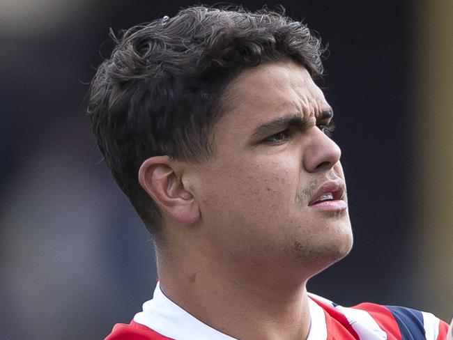 Latrell Mitchell of the Roosters warms up before the start of the Round 20 NRL match between the Sydney Roosters and the Gold Coast Titans at the SCG in Sydney, Sunday, August 4, 2019. (AAP Image/Craig Golding) NO ARCHIVING, EDITORIAL USE ONLY