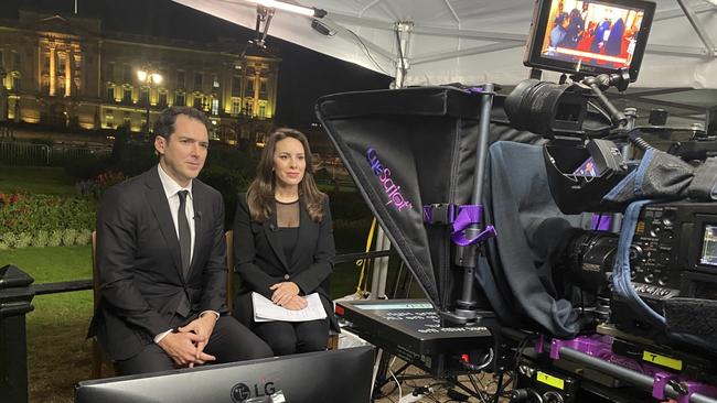 Sky News’ Peter Stefanovic and Laura Jayes broadcast live from Buckingham Palace.