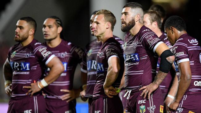 Sea Eagles players react after conceding a try during the Round 23 NRL match between the Manly-Warringah Sea Eagles and the Gold Coast Titans at Lottoland in Sydney, Friday, August 17, 2018. (AAP Image/Dan Himbrechts) NO ARCHIVING, EDITORIAL USE ONLY