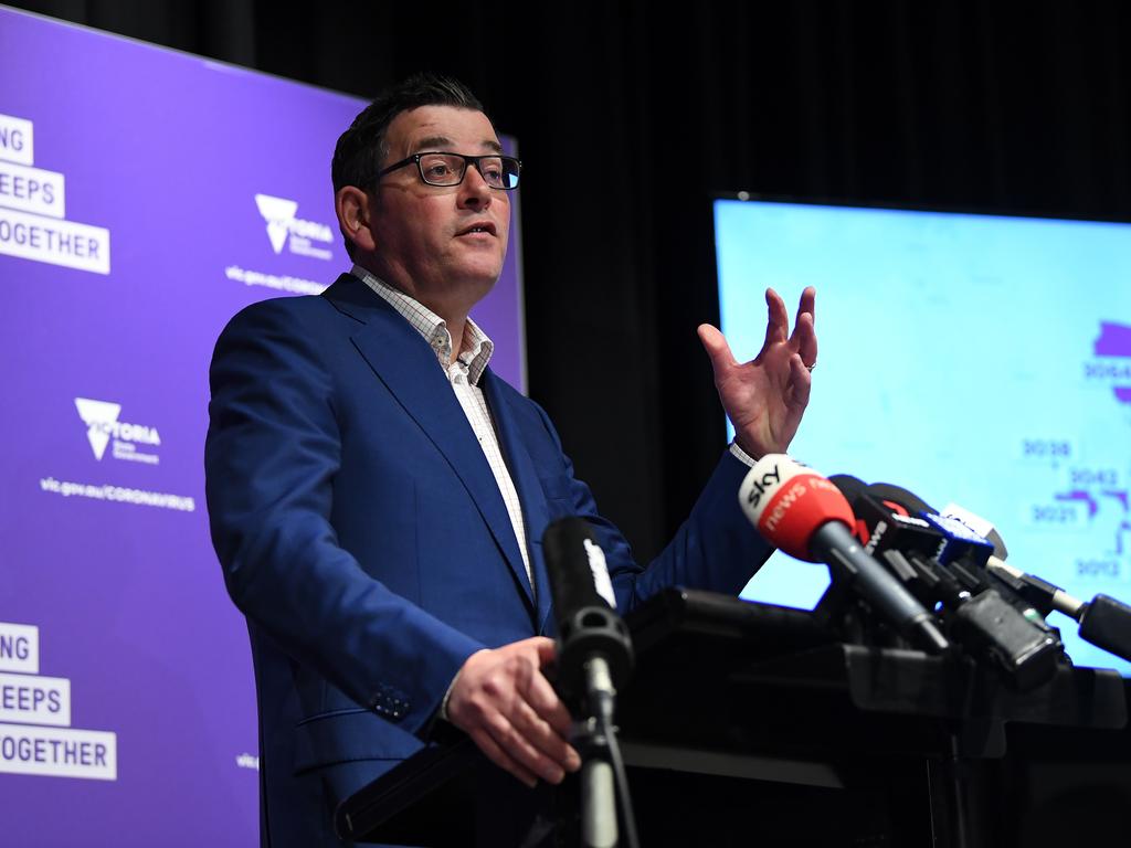 Premier Daniel Andrews addressing the media yesterday. Picture: James Ross/AAP