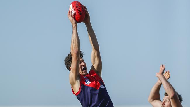 High-marking Mt Eliza forward Jordan Moncrieff kicked six goals in his side’s win over Seaford on Saturday. Picture: Valeriu Campan