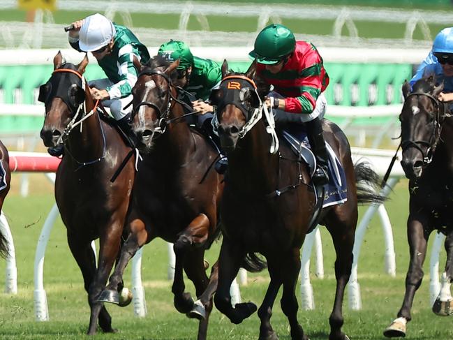 SYDNEY, AUSTRALIA - MARCH 01: Jason Collett riding Rivellino win Race 4  Catanach's Jewellers Skyline Stakes during Sydney Racing at Royal Randwick Racecourse on March 01, 2025 in Sydney, Australia. (Photo by Jeremy Ng/Getty Images)