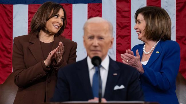 US Vice-President Kamala Harris and then US House speaker Nancy Pelosi applaud as US President Joe Biden delivers his first State of the Union address in 2022. Picture: AFP