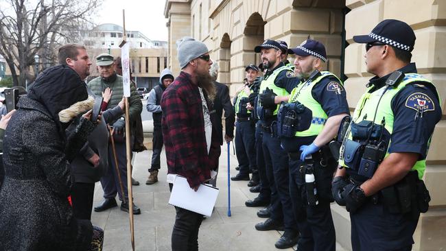 Protestors on the steps of the Tasmanian Parliament. Picture: Nikki Davis-Jones