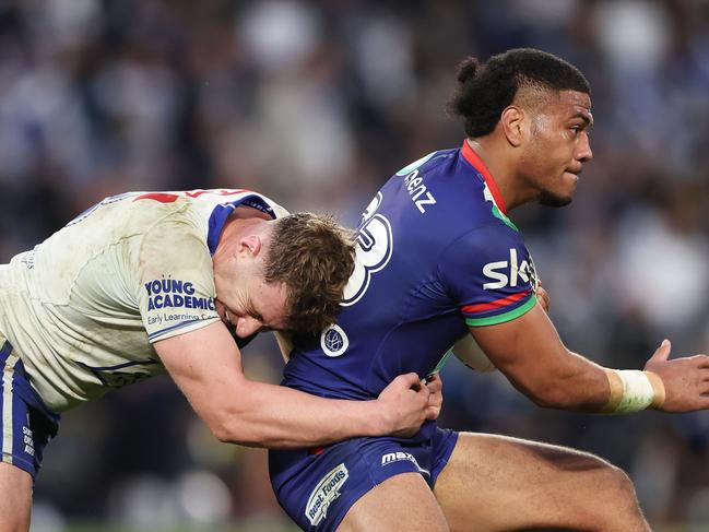Front rower Leka Halasima had an impressive NRL debut, forced to fill in at centre as the Warriors injury toll rose. Picture: Getty Images