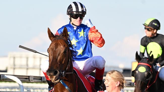 Craig Williams after winning last year’s Doomben 10,000 on Bella Nipotina. He will be striving for a hat-trick of wins in the race on Saturday. Picture. Grant Peters/Trackside Photography