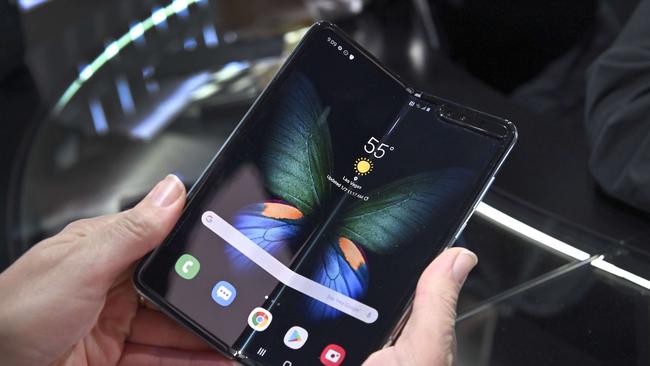 The Galaxy Fold 5G is displayed at the Samsung booth during CES 2020 in Las Vegas. Picture: Getty Images