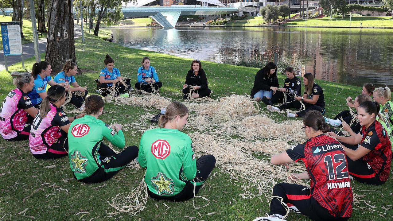 WBBL players, Ashleigh Gardner and Angela Reakes from the Sydney Sixers, Hannah Darlington, Anika Learoyd and Olivia Porter from the Sydney Thunder, Mikayla Hinkley and Courtney Sippel from the Brisbane Heat, Ella Hayward and Josie Dooley from the Melbourne Renegades, Tahlia McGrath, Darcie Brown, Amanda-Jade Wellington and Laura Wolvaardt from the Adelaide Strikers and Maddy Darke and Georgia Gall from the Melbourne Stars during the WBBL First Nations Round Launch at Pinky Flat on November 08, 2021 in Adelaide, Australia. Picture: Sarah Reed/Getty Images for Cricket Australia