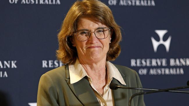 SYDNEY, AUSTRALIA - NewsWire Photos SEPTEMBER 24 , 2024:   Reserve Bank Governor Michele Bullock holding a press conference discussing the Reserve Bank Board's monetary policy decision. Rates will remain the same for now until inflation drops further. Picture: NewsWire / John Appleyard