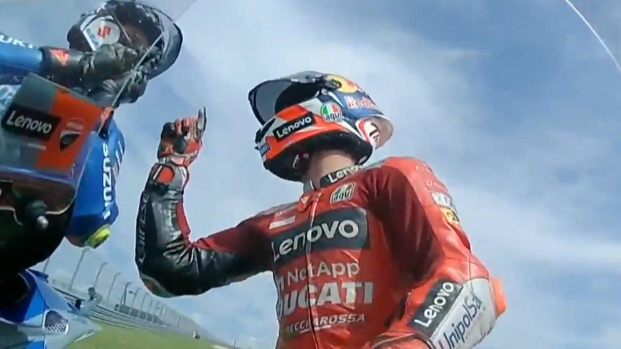 Australian Ducati rider Jack Miller (right) confronts Joan Mir (Suzuki) on the cool-down lap after the Americas GP at Austin, Texas Image: MotoGP.com