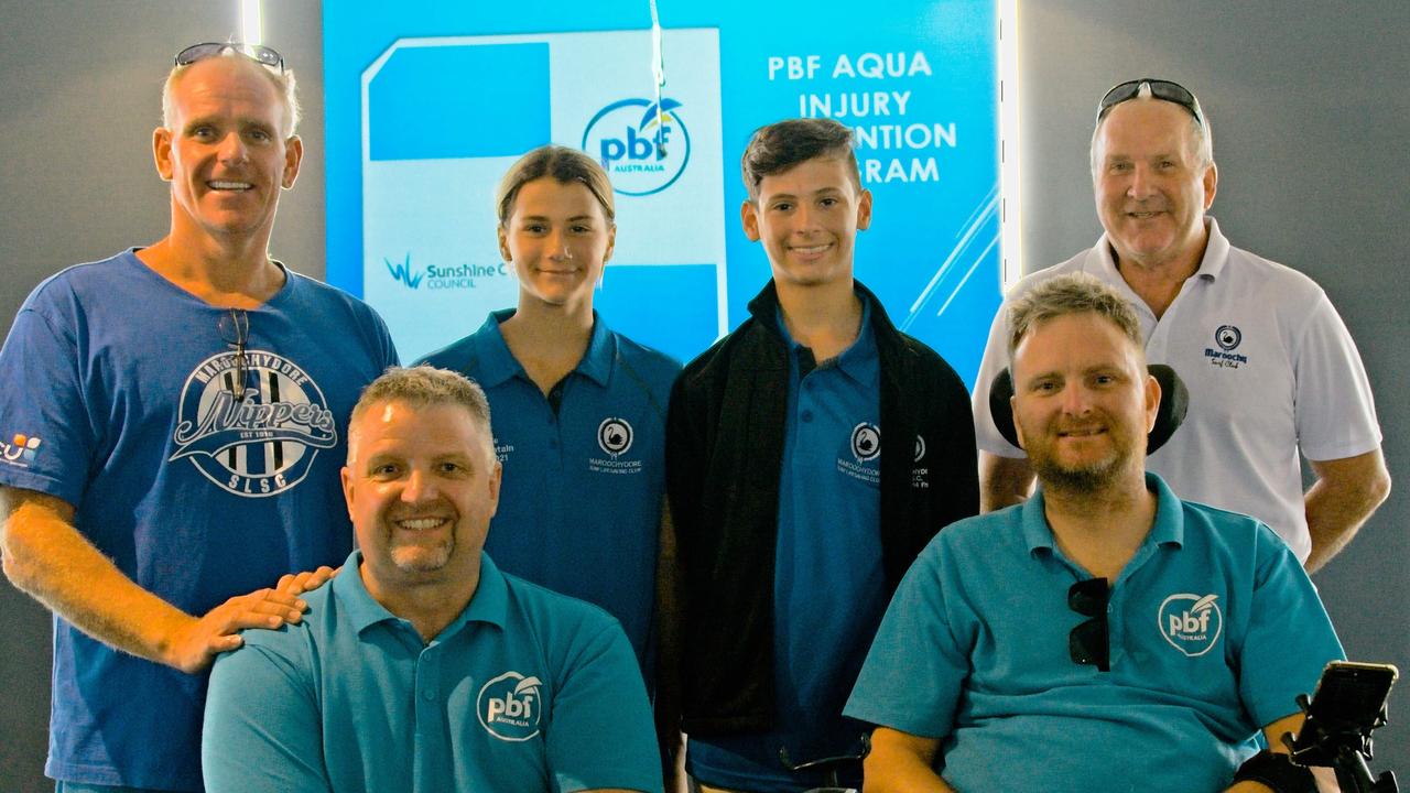 Maroochydore surf lifesaving club director of junior activities Jason O'Pray, Darron Shields, nipper captains Bonnie Jarrott and Oscar Starr-Thomas, Rob Croll and Maroochydore Surf Life Saving Club president Rob Elford catch up after a safety presentation. Picture: Supplied.