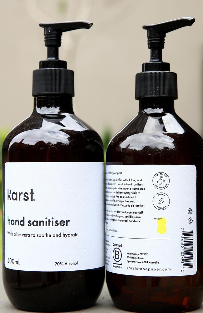 Kevin Garcia and Jon Tse are the co-founders of Karst, a sustainable stationary company who have started production of hand sanitiser. Picture: Toby Zerna