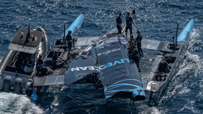 An aerial view of the damaged New Zealand SailGP Team F50 catamaran after racing on Day 1 of the France Sail Grand Prix in Saint-Tropez. Picture: Ricardo Pinto for SailGP.