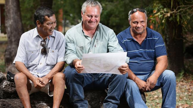 Alluna Land Trust chief executive officer Ken Reys with Eco Civil Solutions project manager Phil Cassell and Alluna Land Trust chairman Warren Singleton in 2013 at the announcement of a mixed commercial and community development at the site of the Alluna Hostel.