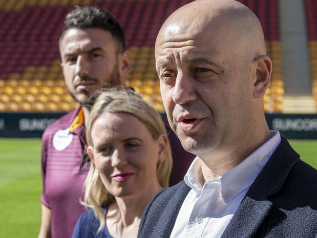 (L-R) Darius Boyd of the Broncos, Queensland Minister for Sport Kate Jones and NRL CEO Todd Greenberg at the launch of NRL Magic Round at Suncorp Stadium, Brisbane, Sunday, June 17, 2018. Brisbane's Suncorp Stadium will host an entire NRL round next season in a first for the code. (AAP Image/Glenn Hunt) NO ARCHIVING