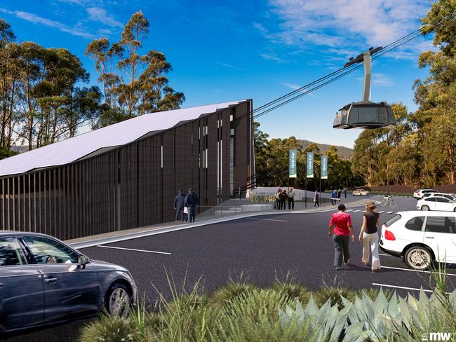 An artist’s impression of the proposed cable car station on kunanyi/Mt Wellington. Image: MWCC
