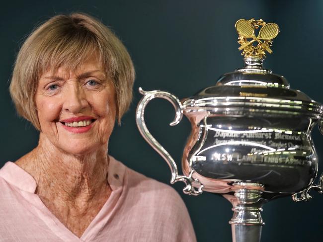 Margaret Court, pictured with the commemorative Daphne Akhurst Memorial Cup she was presented with. Picture: Danella Bevis/The West Australian