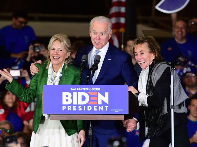 Joe Biden appeared onstage alongside his wife Jill (left) and sister Valerie (right) as he addressed supporters. Picture: AFP